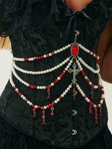 ROMWE 1 chiếc dây chuyền tua rua hình chữ thập đính hạt ngọc trai nhiều lớp phong cách Gothic dành cho nữ - Bạc - Xem 3