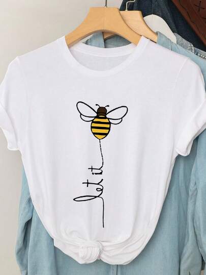 EMERY ROSE T-shirt a maniche corte con grafica minimalista di ape e lettera, scollo tondo, taglie comode