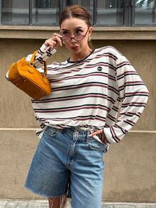 DAZY Women's Striped Round Neck Drop Shoulder Long Sleeve Casual Loose T-Shirt - Multicolor - View 5