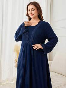 Lacomfia Plus Size Casual Solid Color Ribbed Floral Trim Round Neck Long Sleeve A-Line Midi Dress, Spring/Autumn - Blue - View 3