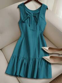 EMERY ROSE Women's Summer Woven Backless Tie Strap Sleeveless A-Line Ruffle Hem Casual Mini Dress - Blue - View 2