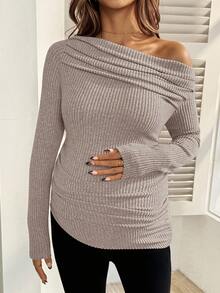 SHEIN Maternity Solid Color Ruched Oblique Shoulder Long Sleeve Ribbed Fitted T-Shirt - Apricot - View 5