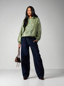 MISSGUIDED Contrast Stitch Faux Leather Oversized Bomber Jacket With Ribbed Cuffs And Collar Zip Front Casual Fall Winter Outerwear - Green - View 4