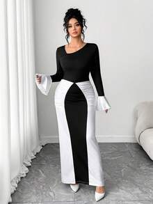 Elenzga 女士优雅不对称领撞色收腰长袖连衣裙，秋冬款 - 黑與白 - 查看 5