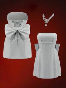 SHEIN Unity Women's Metallic Pleated Bust Mini Dress With Bowknot Back, Suitable For Party In Autumn/Winter - Silver - View 1