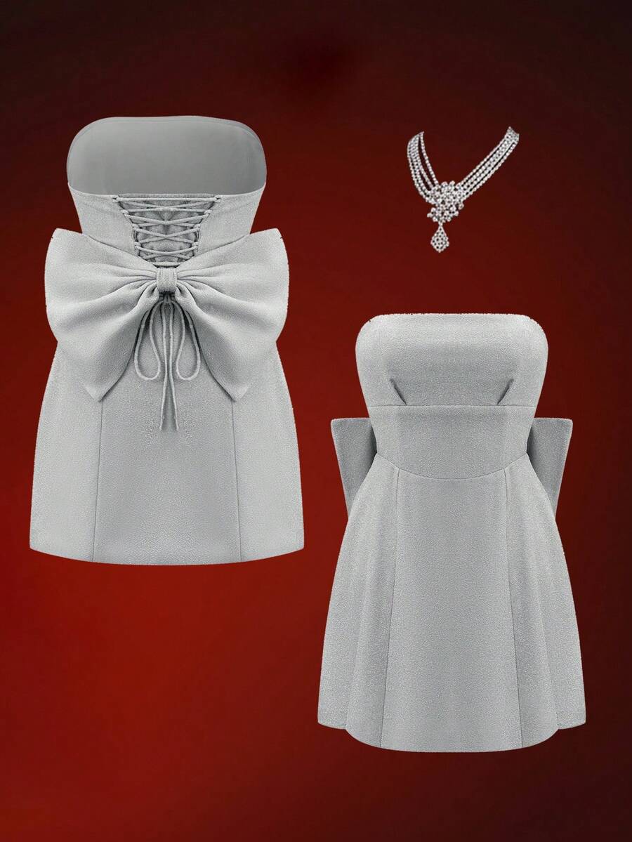 SHEIN Unity Women's Metallic Pleated Bust Mini Dress With Bowknot Back, Suitable For Party In Autumn/Winter - Silver - View 1