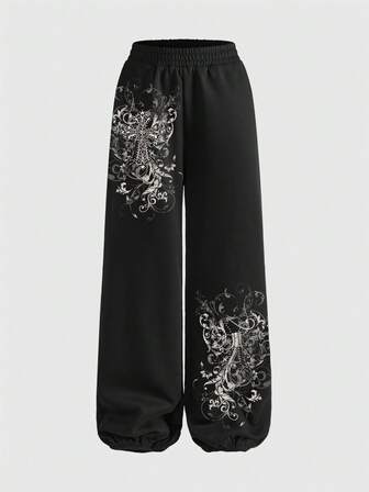 Grunge Punk Cross Vintage Vine Rhinestone Oversized Streetwear Sweatpants