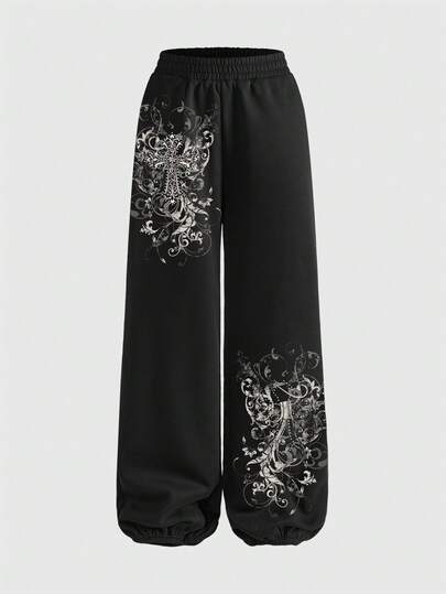 Grunge Punk Cross Vintage Vine Rhinestone Oversized Streetwear Sweatpants