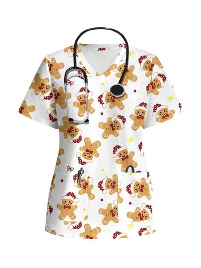 TaskEZ Casual Minimalist Print Short Sleeve Pocket Scrub Uniform Top