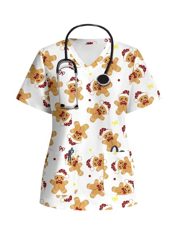 TaskEZ Casual Minimalist Print Short Sleeve Pocket Scrub Uniform Top