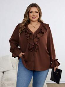 SHEIN CURVE+ Camicia da donna con volant, taglia comoda, adatta per le vacanze - Castano - Visualizzare 5