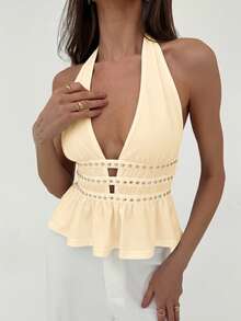 Aloruh Women's Solid Color Deep V Rivet Design Ruched Sexy Halter Top - Beige - View 3