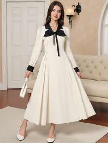 SHEIN Explorewe 优雅蝴蝶结领撞色纽扣腰连衣裙，适合少女日常通勤穿着。 - 杏色 - 查看 2