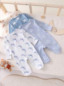 Newborn Baby Pajamas-3 Piece Pajama Set Footed Romper Star Moon Bear Print Blue White Round Neck Long Sleeve Zip Front One Piece Pajamas All Season Lightweight Breathable Cozy Soft Gentle Warmth Holiday 2026 New Year Essential - Multicolor - View 2