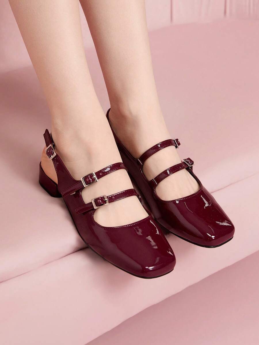 CUCCOO DOLLMOD Women Square Toe Vintage Ballet Style Sweet Burgundy Mary Jane High Heels, Casual Spring Outfit Shoes Spring Shoes Spring Break Easter For Christmas - Burgundy - View 1