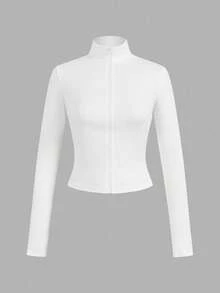 SHEIN EZwear 3件套休闲简约白色、黑色、酒红色针织拉链长袖T恤，女士款，适合春秋季穿着 - 彩色 - 查看 13