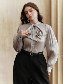 Anewsta 浪漫法式珍珠系带设计大码女式衬衫，新年新装，优雅别致，时尚女装，奢华之选，春夏款，情人节必备 - 銀色 - 查看 6