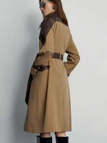 Aveloria Modichic Retro French Style Contrast Color Patchwork Collar Casual Belted Mid-Length Trench Coat - Khaki - View 4