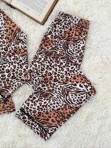 2pcs Girls Leopard Print Lapel Long Sleeve Cardigan+Pants Pajama Set,White Autumn Casual Sleep Loungewear,Winter Animal Print Brown Pj Set - Brown - View 5