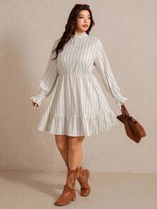 Elaquor Plus Size Casual Minimalist Ruffle Patchwork Solid Color Long Sleeve Dress - Apricot - View 1