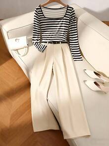 Qadelle 2pcs Women Contrast Stripe Long Sleeve Top And Solid Color Pants Set - Black and White - View 1