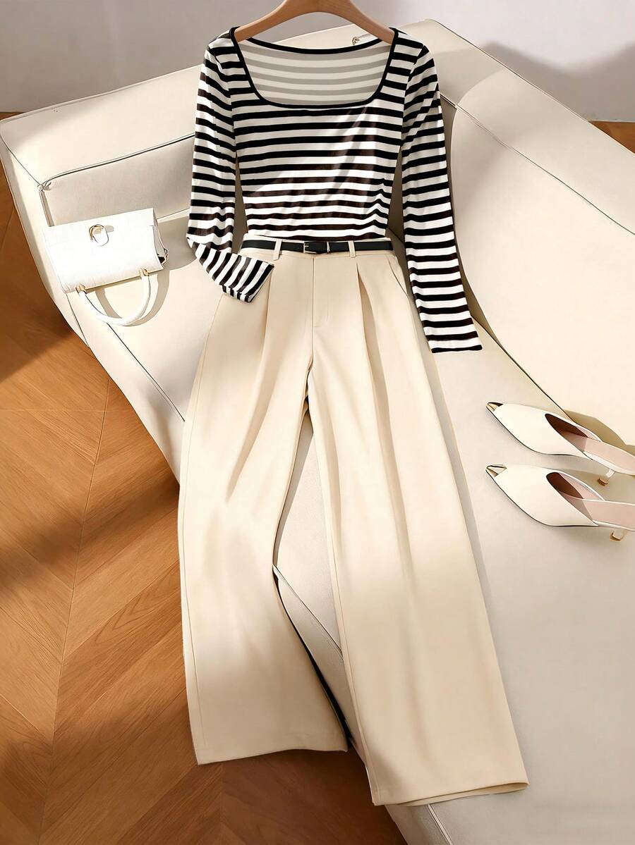 Qadelle 2pcs Women Contrast Stripe Long Sleeve Top And Solid Color Pants Set - Black and White - View 1