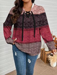 SHEIN LUNE 加大码女式撞色插肩袖抽绳连帽休闲卫衣 - 彩色 - 查看 5