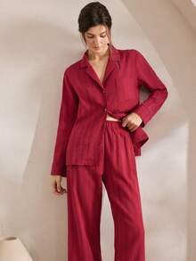 Ocili 天然舒适无弹力亚麻褶皱长袖上衣和裤子女士睡衣套装，冬季服装 - 酒紅色 - 查看 6