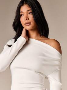 AiiRZ Off Shoulder Peplum Topp Långärmad Asymmetrisk Rynkad Bodycon Blus Höst Vintermode