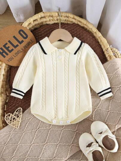 SHEIN Bodys de punto de cuello alto de manga larga para bebés niños y niñas, cómodos para otoño/invierno, color beige, versátiles para uso diario, con diseño de cuerda trenzada y de cable, elegante y estiloso, adecuado para el hogar, exterior, viajes, guardería