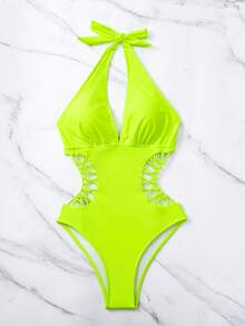SHEIN Swim Solid Color Halter Neck Sleeveless Casual Fashion Hollow Out One-Piece Swimsuit - Lime Green - View 1