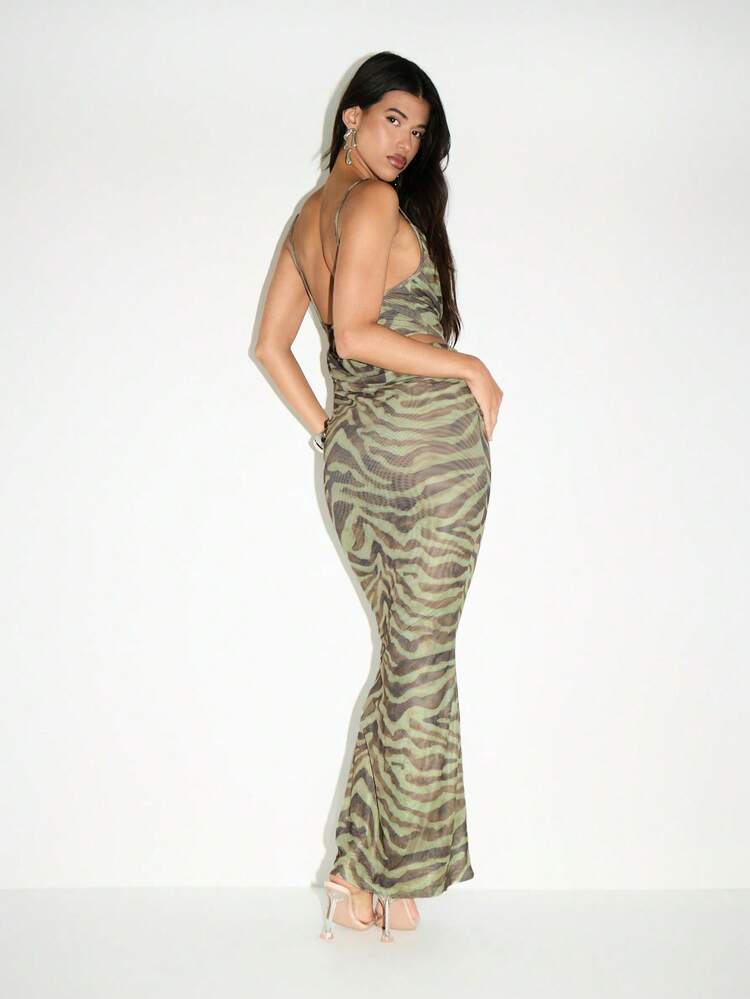 KIZN Elegant Mesh Cut Out Maxi Dress With Cowl Neck And Side Ruching Detail Animal Print Evening Party Wedding Guest Holiday