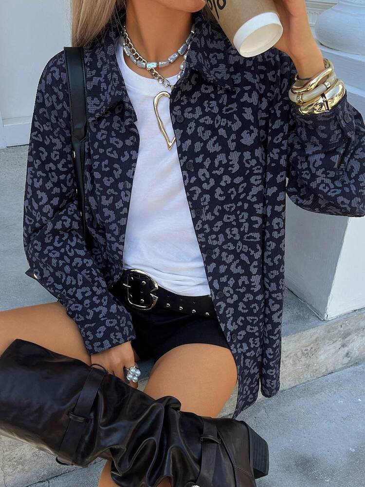 Women's Corduroy Fabric Loose Fit Regular Collar Shirt Leopard Print