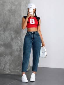 SHEIN ICON Women's Casual Versatile Denim Mom Jeans With Pockets - Dark Wash - View 9
