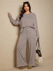 Elaquor Conjunto de 2 piezas de punto a rayas básico para mujer de talla grande, para uso casual y en el hogar - Café integral - Ver 8