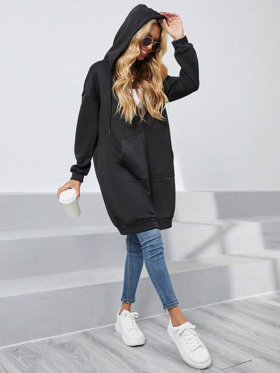 INAWLY Women's Solid Color Drop Shoulder Long Sleeve Zip Front Pocket Drawstring Hooded Long Sweatshirt - Black - View 1