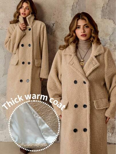Roveilla Plusstorlek Höst/Vinter Teddykappa Enfärgad Standkrage Långärmad Dubbelknäppt Fickor Lång Avslappnad Överkappa