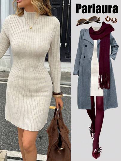 Chiquease 女式纯色立领罗纹针织长袖毛衣裙