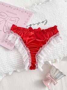 PetitDoll Pink Ruched Back Bow Ruffle Lace Flounce High Waist Satin Doll Style Thong Panties - Red - View 4