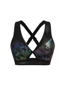 Innovista Women's Snakeskin Mesh Patchwork Metallic Sports Bra,Black Summer Athleisure Gym Crop Tank Top, High-Elasticity Shimmering Fitness Wear With Pads - Black - View 10