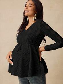 Boho Mama Maternity Casual Solid Color Textured Drawstring Waist T-Shirt - Black - View 5