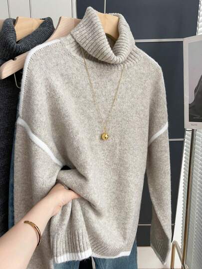 Franclia Långärmad tröja i fransk retrostil med hög hals och lös passform, dam, kahki, höst/vinter för kvinnor