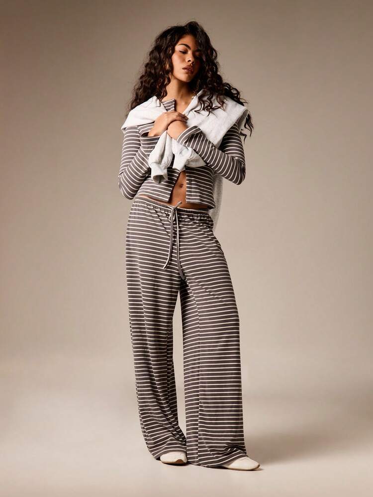 Striped Long Sleeve Top With Wide Leg Pants