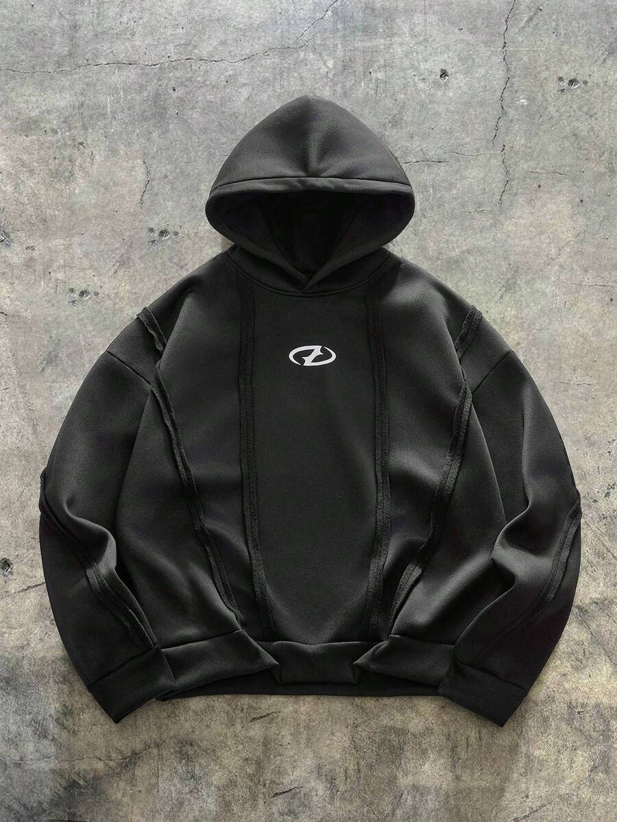 AXEPEAK 男士落肩长袖休闲宽松时尚连帽卫衣 - 黑色 - 查看 1