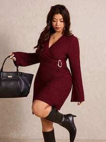 Elaquor Plus Size Women Solid Red Color Overlap V-Neck Long Sleeve Waist Metal Decor Fashion Dress/Christmas Dress/New Year Outfits/Valentine's Day - Burgundy - View 1