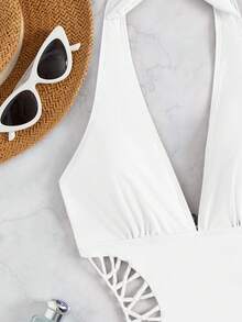 Swim SXY Halter Tie Solid Color Cutout Waist One-Piece Swimsuit For Women - White - View 3