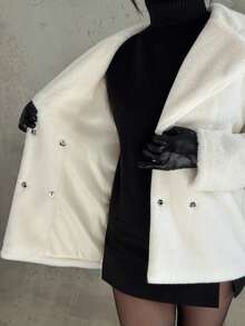 Firerie 女士优雅简约日常通勤休闲街头时尚都市时尚翻领双排扣蓬松保暖白色外套 - 白色 - 查看 3