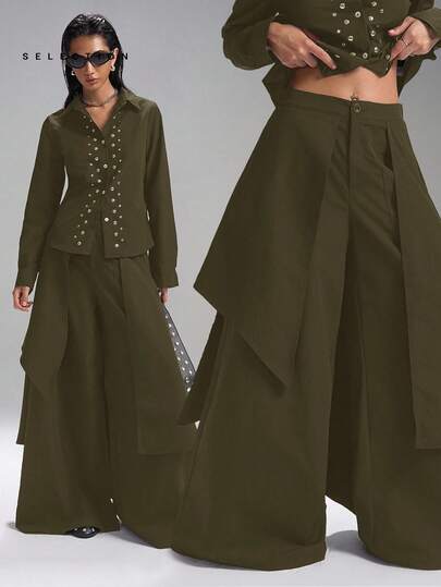 LYSMO 舒适百搭休闲宽松纯色阔腿女裤 女式橄榄绿裤子