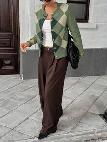 Pariaura 女式格子圆领长袖单排扣休闲针织开衫，秋冬 - 彩色 - 查看 4