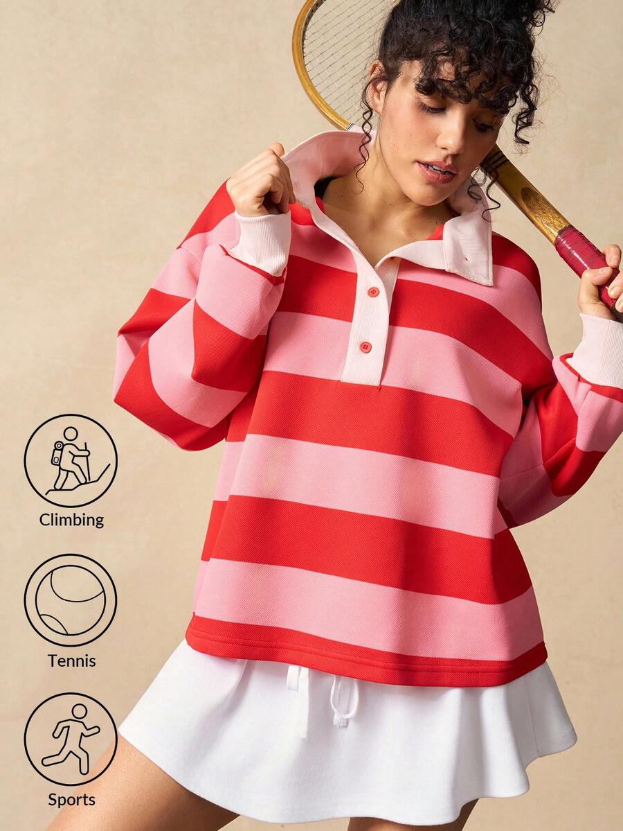 VARSIVA Women's Casual Contrast Stripe Print Polo Collar Drop Shoulder Loose Fit Sweatshirt, Spring/Autumn - Multicolor - View 1